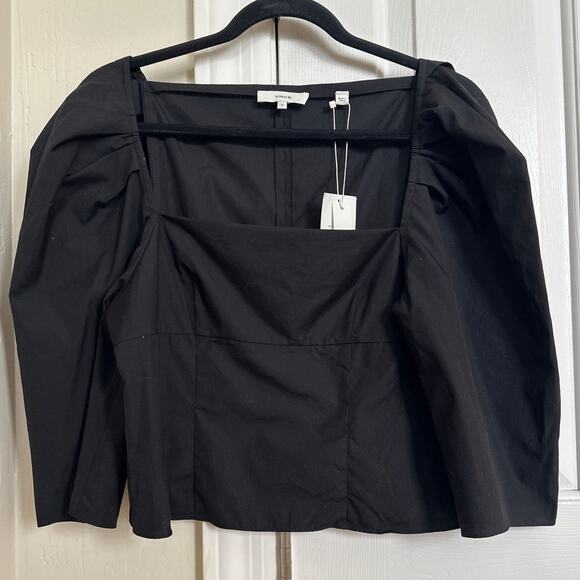 NWT Black VINCE Draped 3/4 Sleeve Square Neck Poplin Top Blouse Size 6 - Picture 3 of 8
